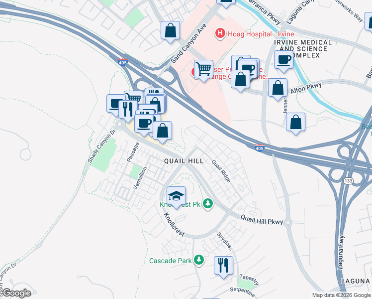 map of restaurants, bars, coffee shops, grocery stores, and more near in Irvine