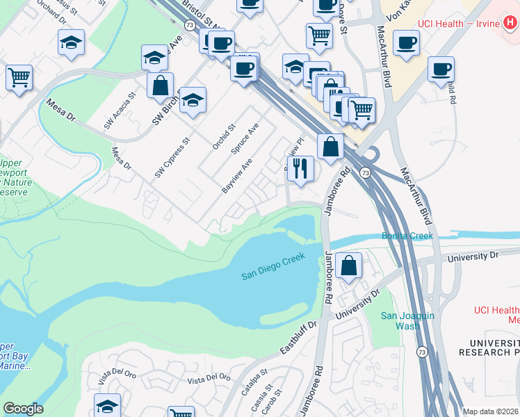 map of restaurants, bars, coffee shops, grocery stores, and more near 42 Cormorant Circle in Newport Beach
