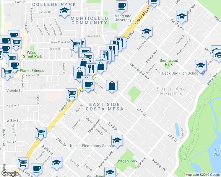 map of restaurants, bars, coffee shops, grocery stores, and more near 171 23rd Street in Costa Mesa