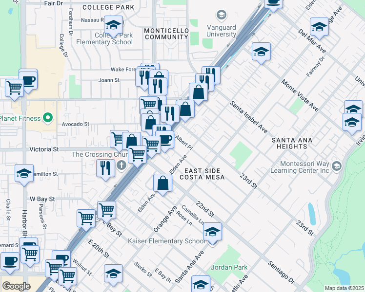 map of restaurants, bars, coffee shops, grocery stores, and more near 151 Albert Place in Costa Mesa