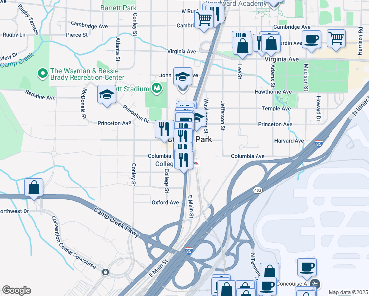 map of restaurants, bars, coffee shops, grocery stores, and more near 3775 Main Street in College Park