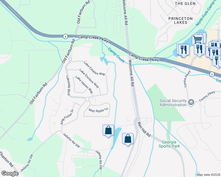 map of restaurants, bars, coffee shops, grocery stores, and more near 3657 Lake Estates Way in Atlanta