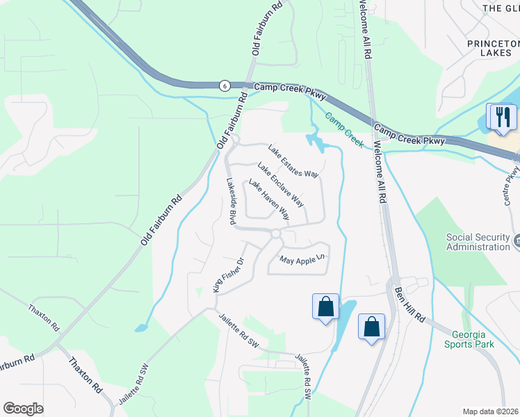 map of restaurants, bars, coffee shops, grocery stores, and more near 3809 Lake Haven Way in Atlanta