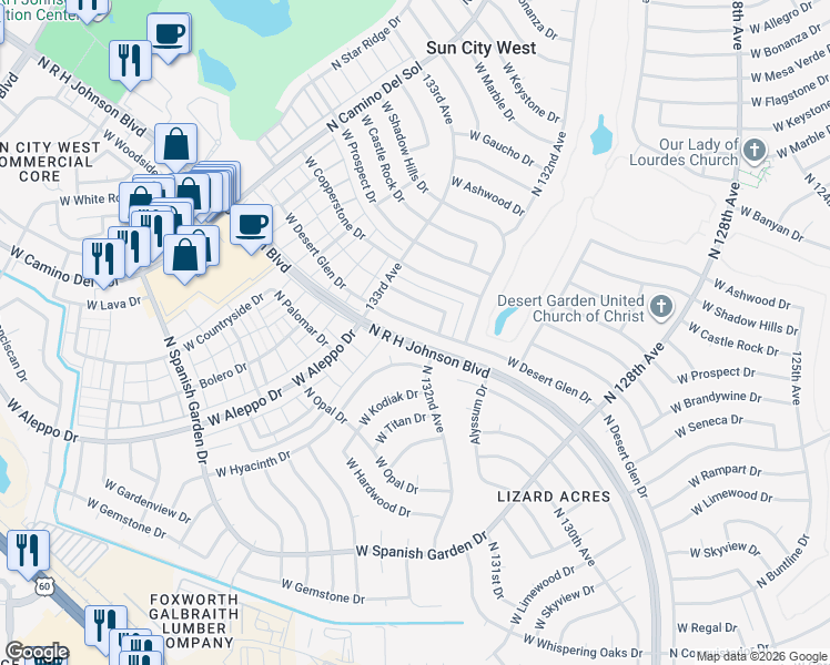 map of restaurants, bars, coffee shops, grocery stores, and more near 13225 West Desert Glen Drive in Sun City West