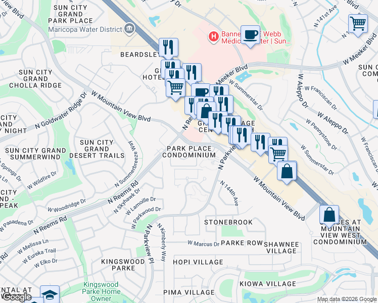 map of restaurants, bars, coffee shops, grocery stores, and more near 14575 West Mountain View Boulevard in Surprise