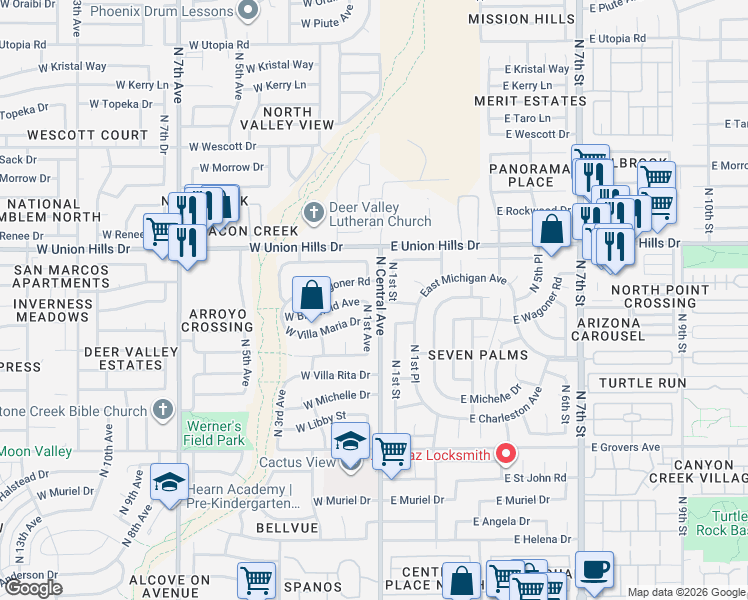 map of restaurants, bars, coffee shops, grocery stores, and more near 5 East Bluefield Avenue in Phoenix