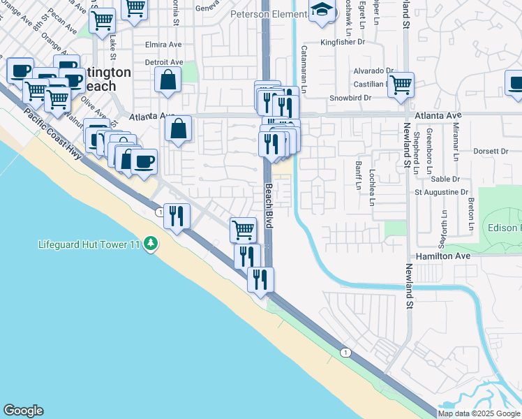 map of restaurants, bars, coffee shops, grocery stores, and more near 7993 Osuna Circle in Huntington Beach