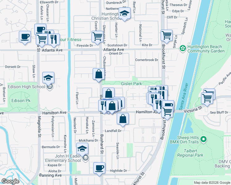 map of restaurants, bars, coffee shops, grocery stores, and more near 9622 Indian Wells Circle in Huntington Beach