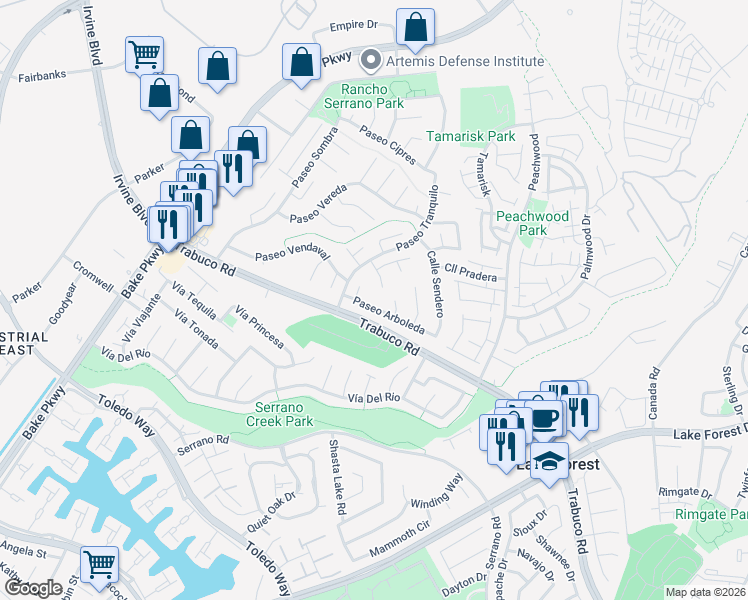 map of restaurants, bars, coffee shops, grocery stores, and more near 24961 Paseo Arboleda in Lake Forest