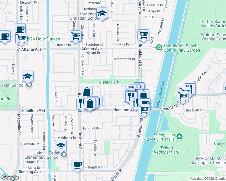 map of restaurants, bars, coffee shops, grocery stores, and more near 21351 Bay Crest Circle in Huntington Beach