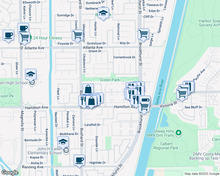 map of restaurants, bars, coffee shops, grocery stores, and more near 9705 Port Royal Circle in Huntington Beach