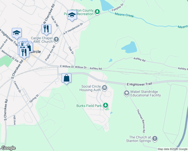 map of restaurants, bars, coffee shops, grocery stores, and more near 643 East Hightower Trail in Social Circle