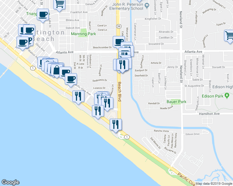 map of restaurants, bars, coffee shops, grocery stores, and more near 7993 Osuna Circle in Huntington Beach