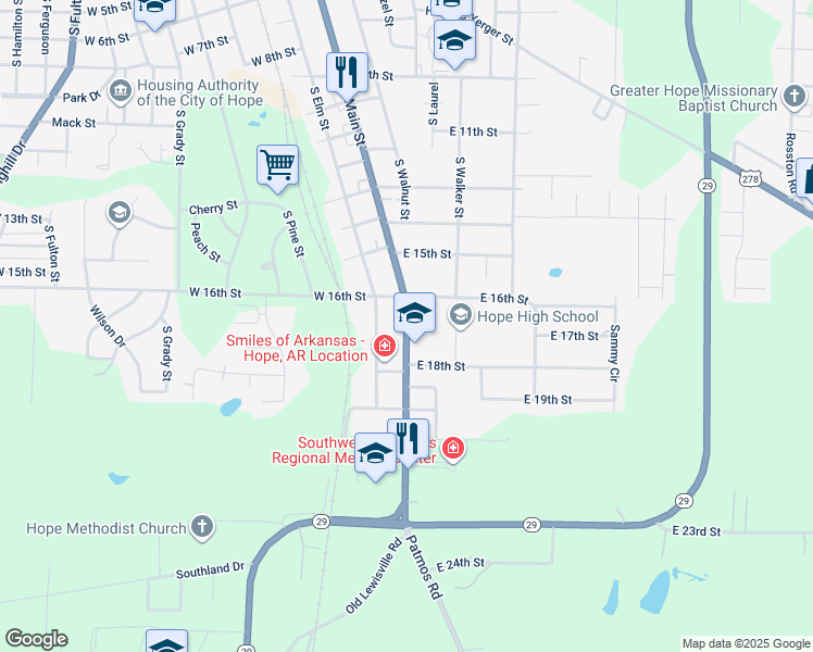 map of restaurants, bars, coffee shops, grocery stores, and more near 1701 South Main Street in Hope