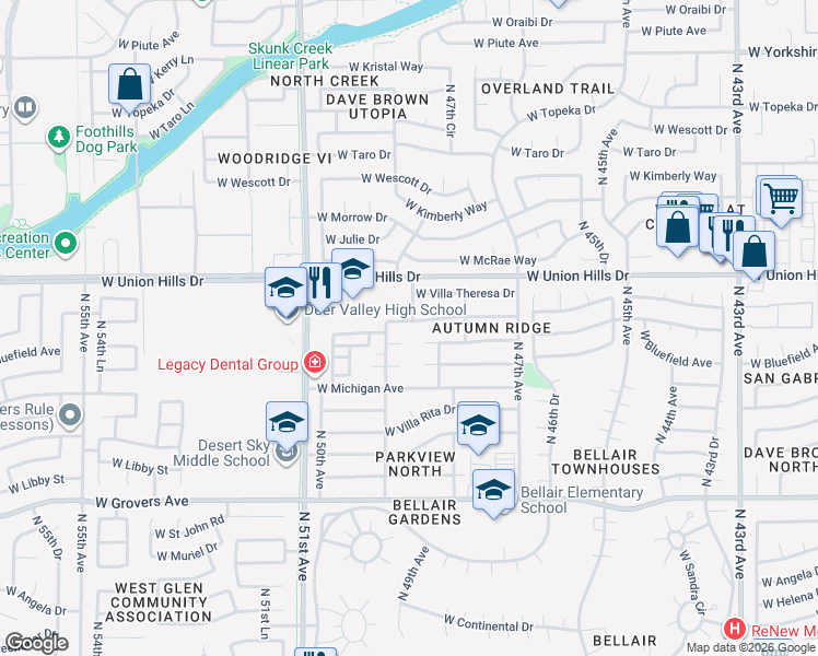 map of restaurants, bars, coffee shops, grocery stores, and more near 4918 West Bluefield Avenue in Glendale