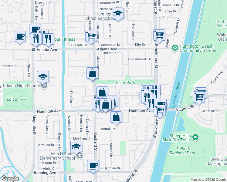 map of restaurants, bars, coffee shops, grocery stores, and more near 9631 Indian Wells Circle in Huntington Beach