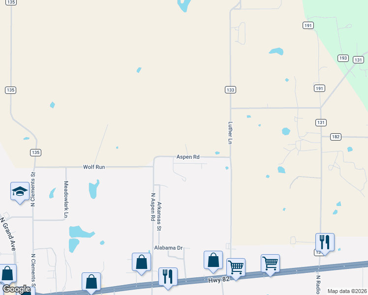 map of restaurants, bars, coffee shops, grocery stores, and more near 2204 North Aspen Road in Gainesville