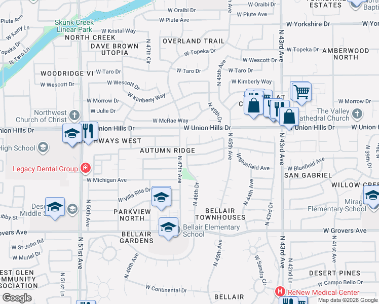 map of restaurants, bars, coffee shops, grocery stores, and more near 4627 West Wagoner Road in Glendale
