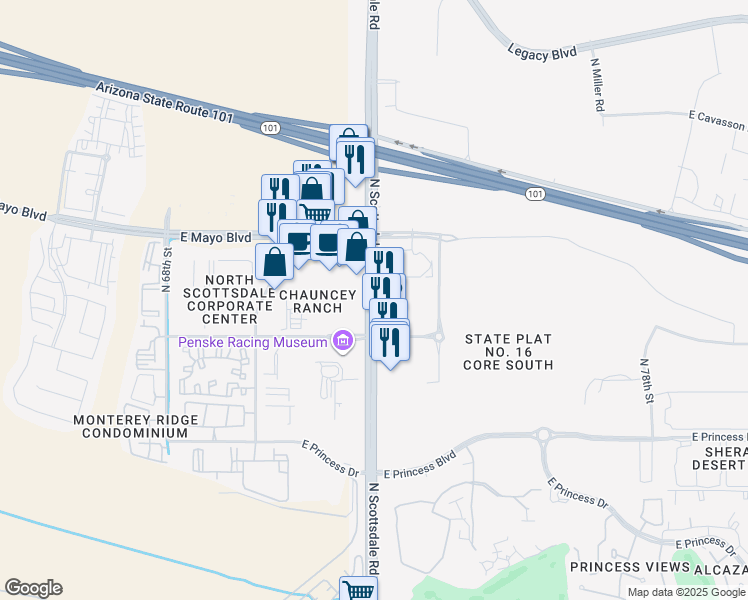 map of restaurants, bars, coffee shops, grocery stores, and more near 18525 North Scottsdale Road in Scottsdale