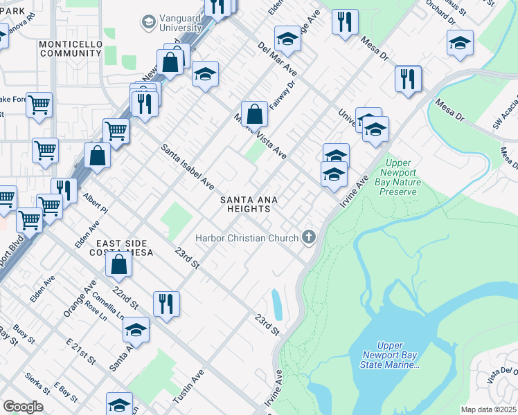 map of restaurants, bars, coffee shops, grocery stores, and more near 2424 Santa Ana Avenue in Costa Mesa