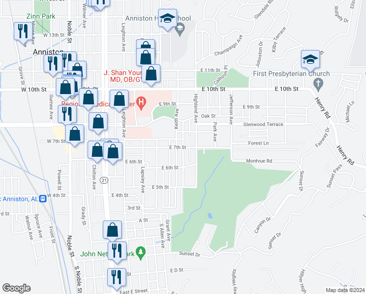 map of restaurants, bars, coffee shops, grocery stores, and more near 698 East 7th Street in Anniston