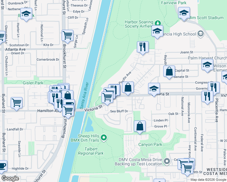 map of restaurants, bars, coffee shops, grocery stores, and more near 1132 Victoria Street in Costa Mesa