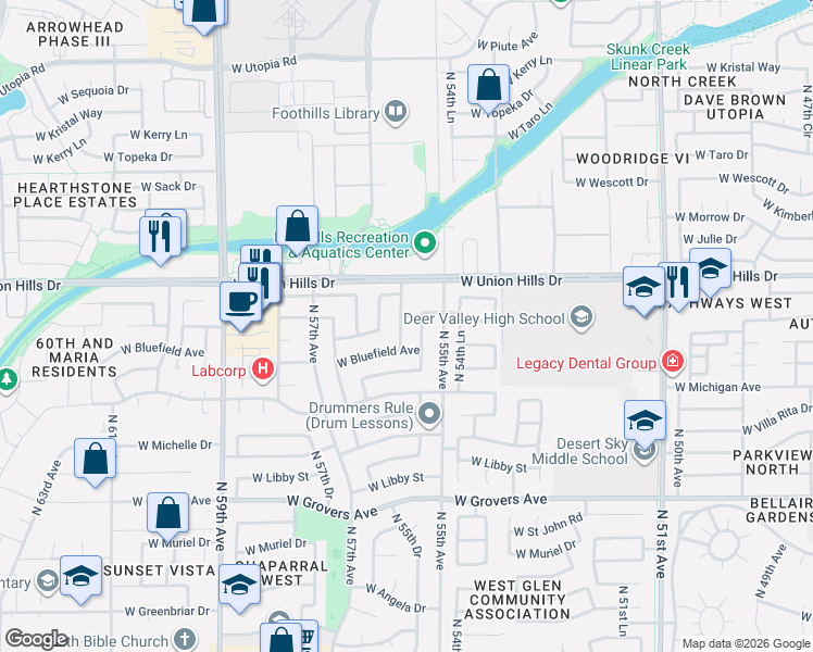 map of restaurants, bars, coffee shops, grocery stores, and more near 18419 North 55th Lane in Glendale