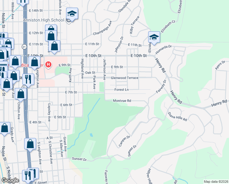 map of restaurants, bars, coffee shops, grocery stores, and more near 1027 Montvue Road in Anniston