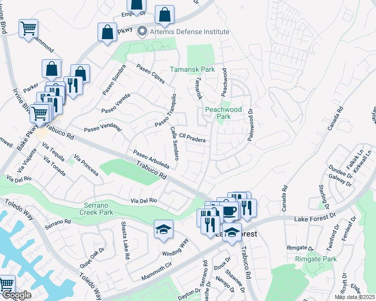map of restaurants, bars, coffee shops, grocery stores, and more near 21312 Tupelo Lane in Lake Forest