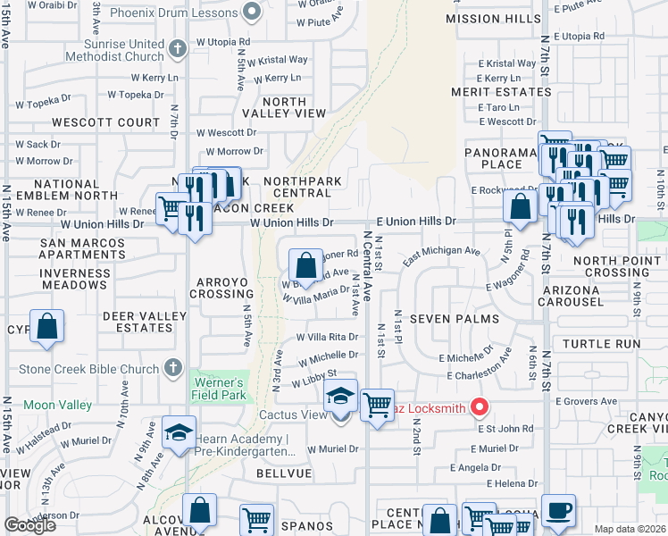 map of restaurants, bars, coffee shops, grocery stores, and more near 124 West Bluefield Avenue in Phoenix