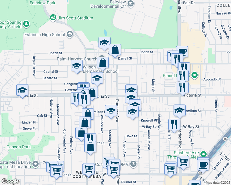 map of restaurants, bars, coffee shops, grocery stores, and more near 700 Victoria Street in Costa Mesa
