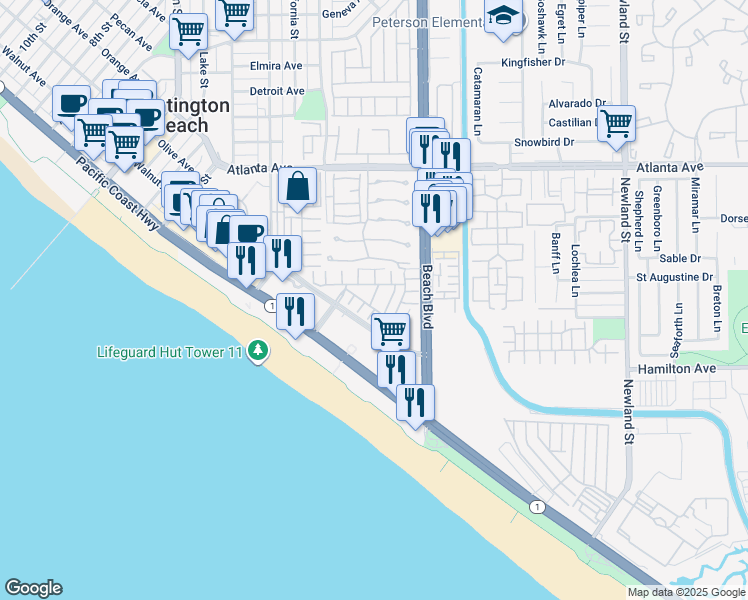 map of restaurants, bars, coffee shops, grocery stores, and more near 21338 Balerma Lane in Huntington Beach