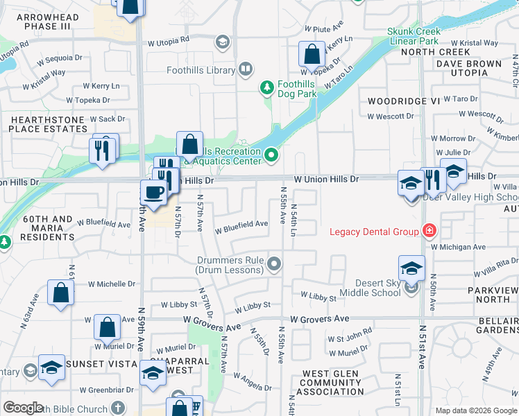 map of restaurants, bars, coffee shops, grocery stores, and more near 18407 North 55th Lane in Glendale