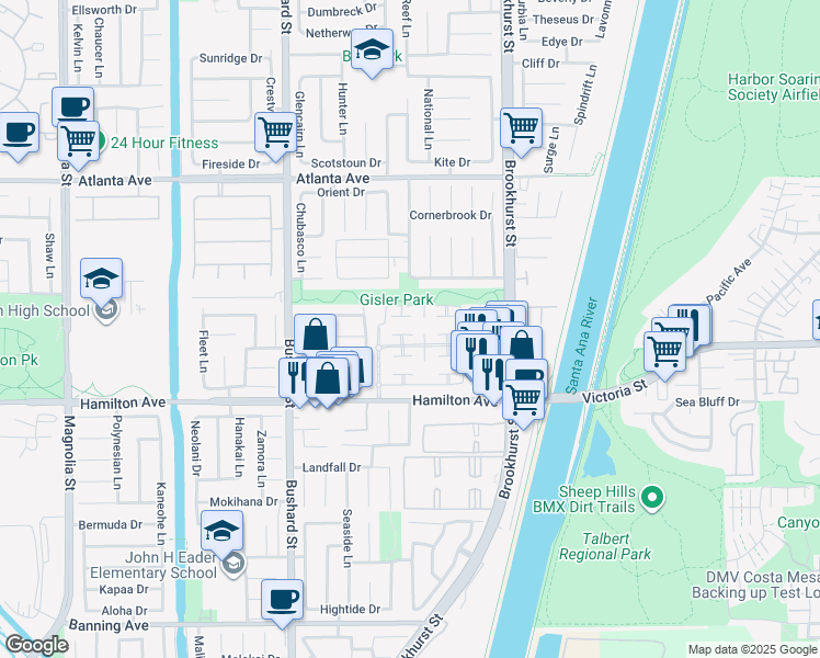 map of restaurants, bars, coffee shops, grocery stores, and more near 9745 Port Royal Circle in Huntington Beach