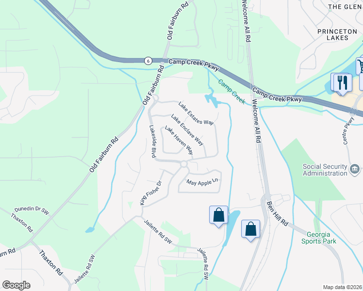 map of restaurants, bars, coffee shops, grocery stores, and more near 3831 Lake Haven Way in Atlanta