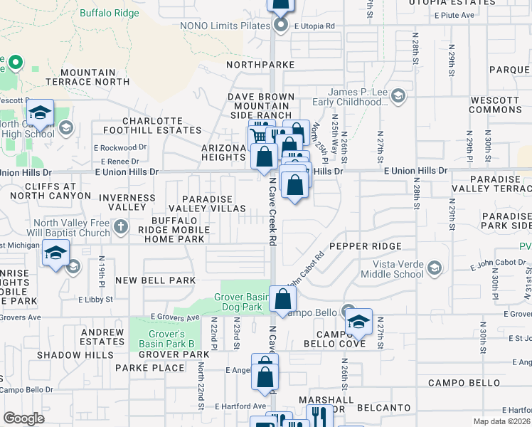 map of restaurants, bars, coffee shops, grocery stores, and more near North 23rd Street in Phoenix