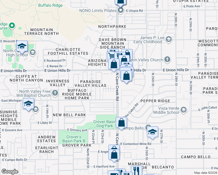 map of restaurants, bars, coffee shops, grocery stores, and more near North 23rd Street in Phoenix