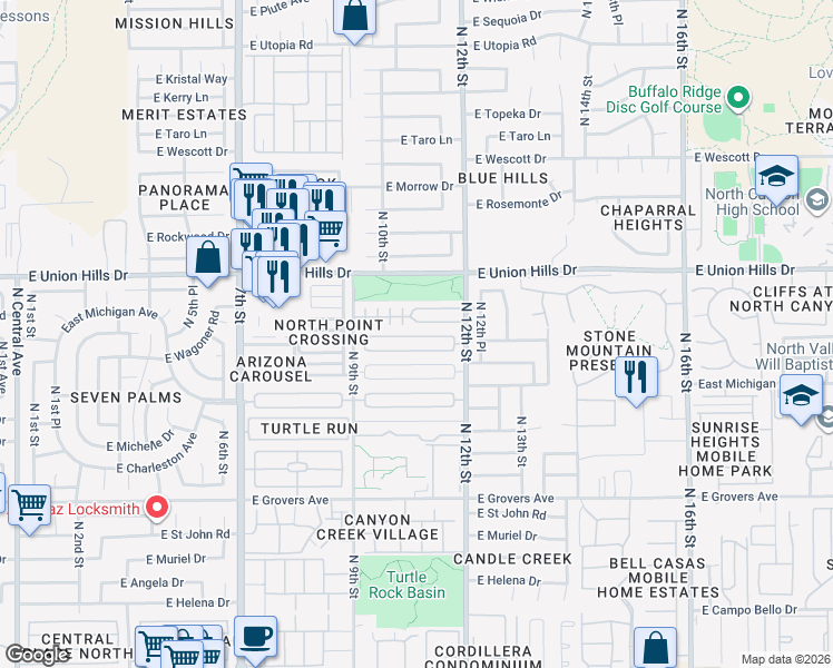 map of restaurants, bars, coffee shops, grocery stores, and more near 1018 East Bluefield Avenue in Phoenix