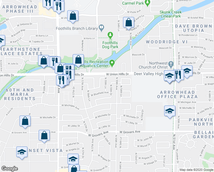 map of restaurants, bars, coffee shops, grocery stores, and more near 18407 North 55th Lane in Glendale