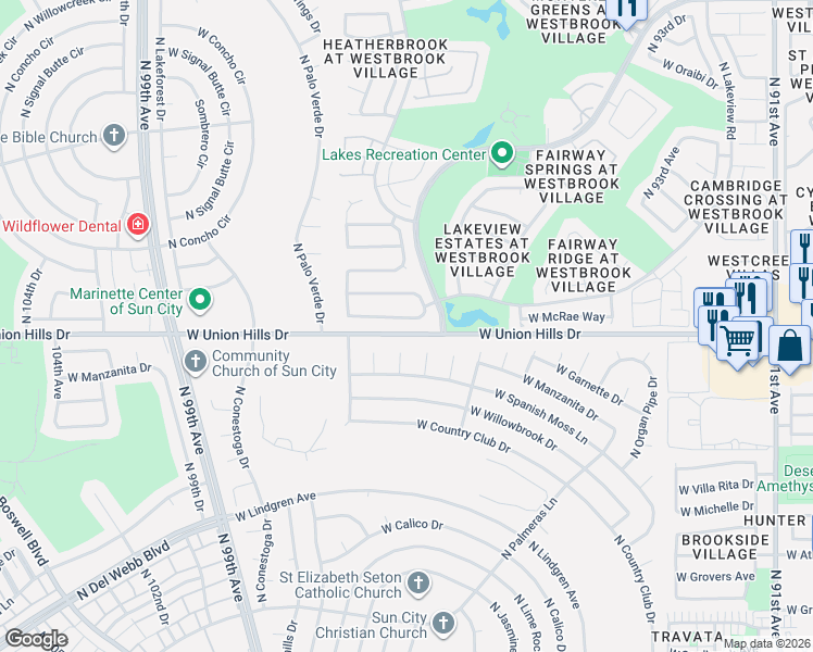 map of restaurants, bars, coffee shops, grocery stores, and more near 18424 North 97th Avenue in Sun City