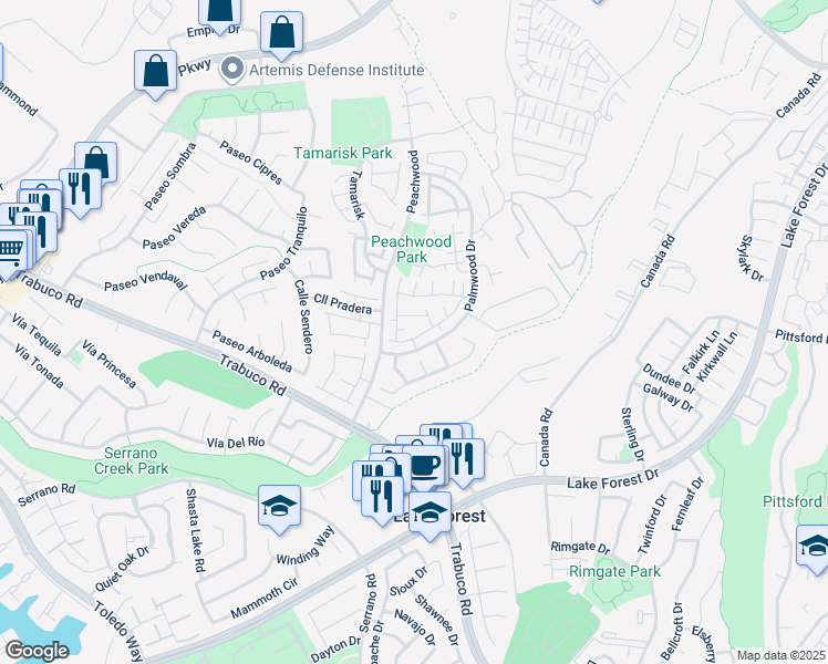 map of restaurants, bars, coffee shops, grocery stores, and more near 25374 Mosswood Way in Lake Forest