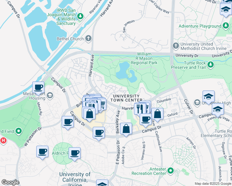 map of restaurants, bars, coffee shops, grocery stores, and more near 248 Amherst Aisle in Irvine