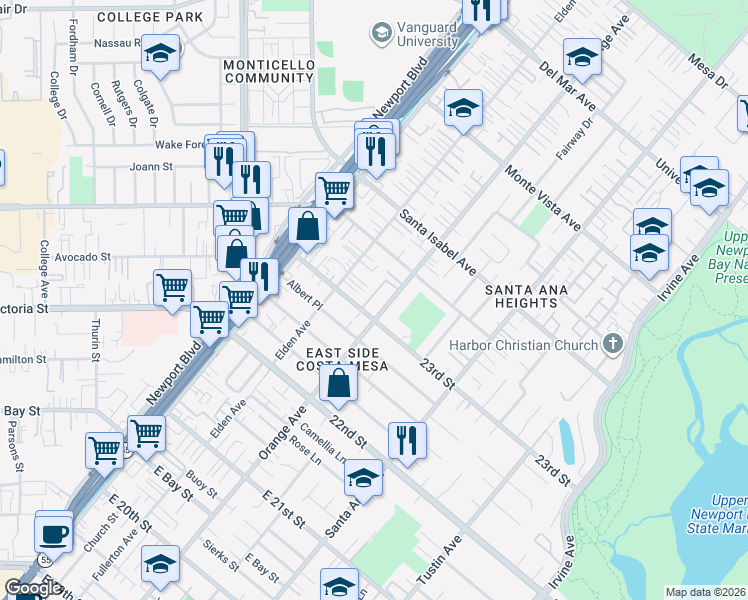 map of restaurants, bars, coffee shops, grocery stores, and more near 2305 Orange Avenue in Costa Mesa