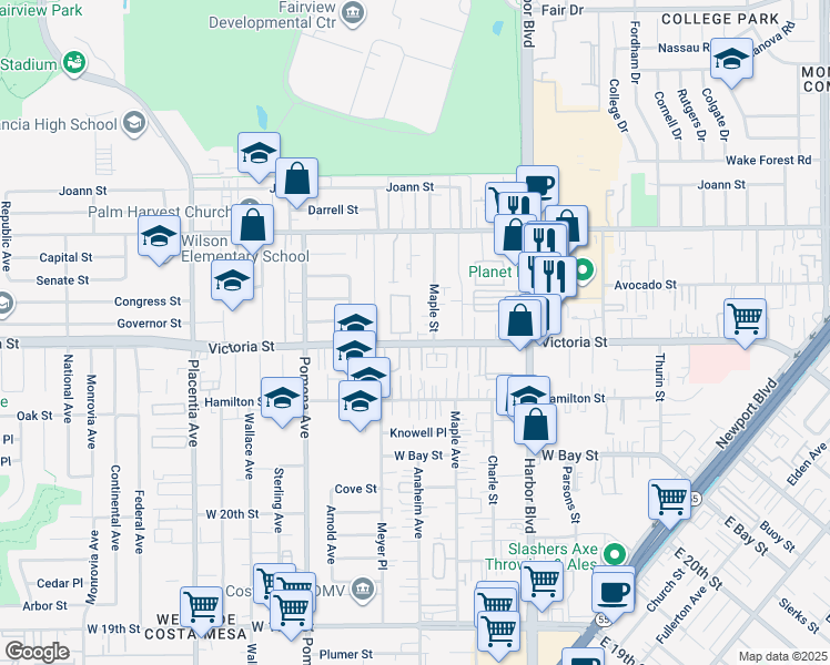 map of restaurants, bars, coffee shops, grocery stores, and more near in Costa Mesa