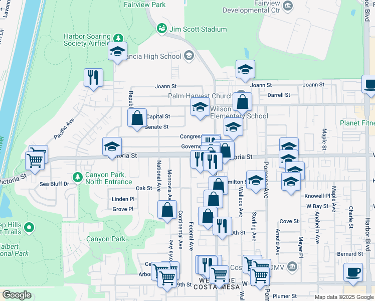map of restaurants, bars, coffee shops, grocery stores, and more near 851 Victoria Street in Costa Mesa