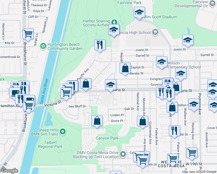 map of restaurants, bars, coffee shops, grocery stores, and more near 2155 American Avenue in Costa Mesa