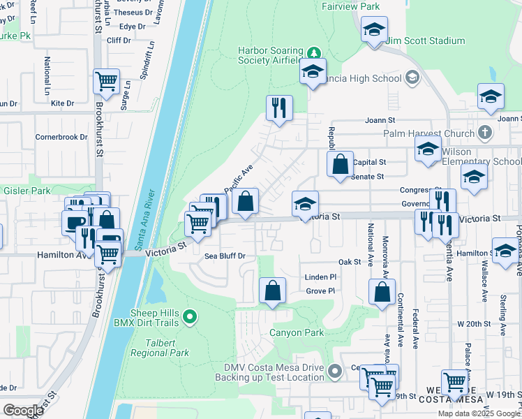 map of restaurants, bars, coffee shops, grocery stores, and more near 2164 Canyon Drive in Costa Mesa