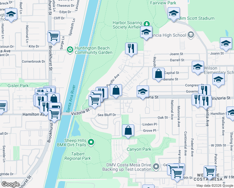 map of restaurants, bars, coffee shops, grocery stores, and more near 1104 Victoria Street in Costa Mesa