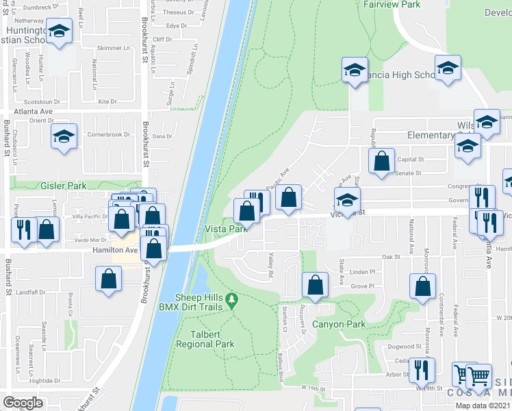 map of restaurants, bars, coffee shops, grocery stores, and more near 1132 Victoria Street in Costa Mesa