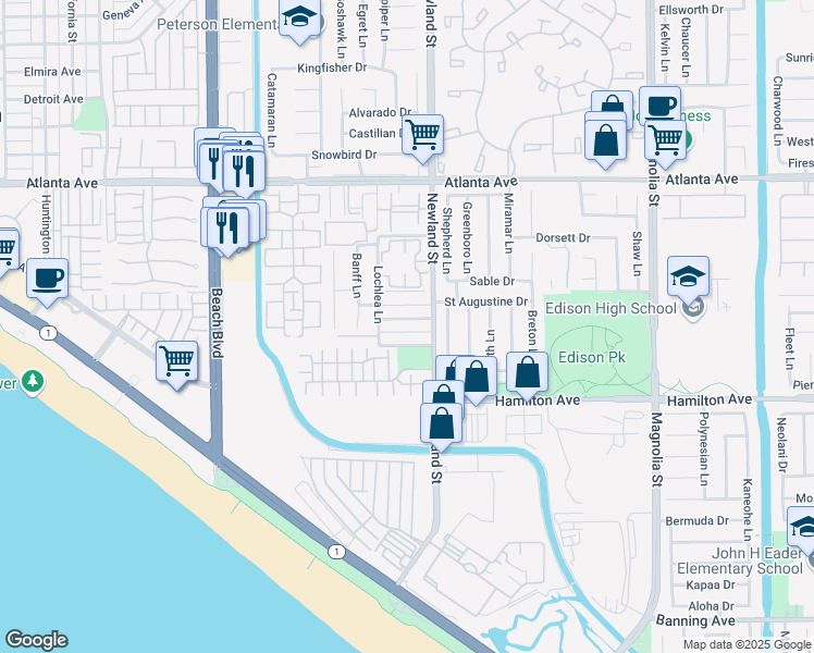 map of restaurants, bars, coffee shops, grocery stores, and more near 8411 Lomond Drive in Huntington Beach